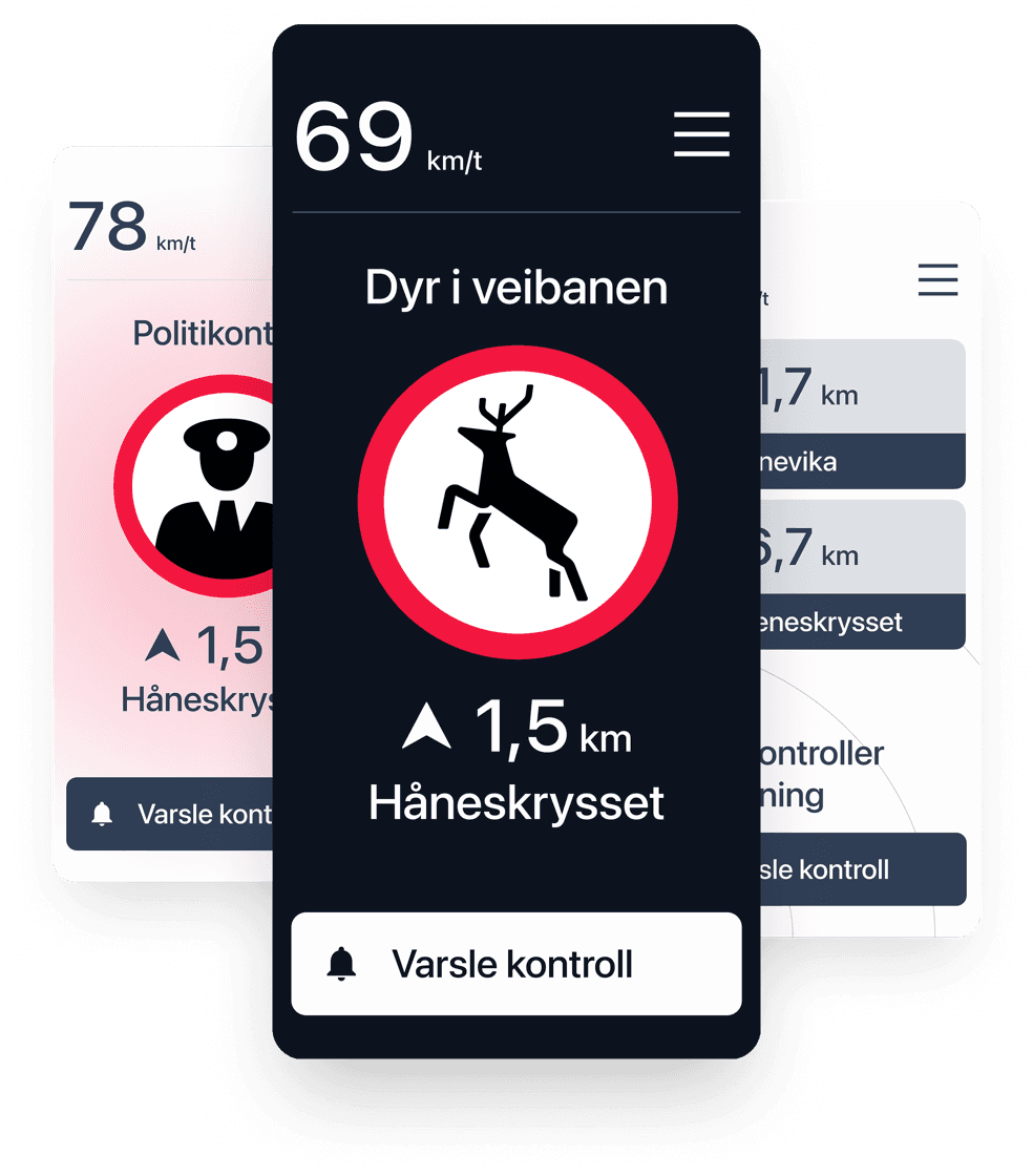 SaferTraffic app screenshots showing speed alerts, police control warnings, and animal hazard notifications